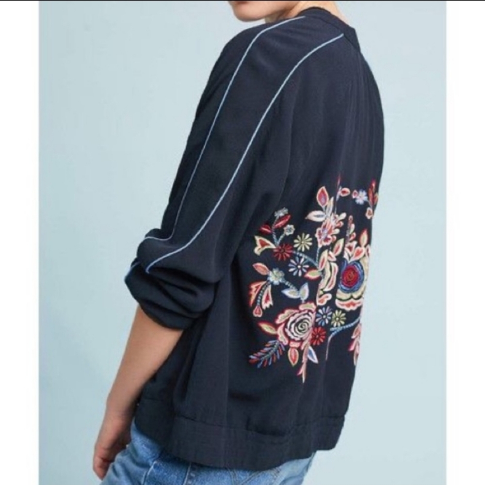 Anthropologie Navy Embroidered Jacket